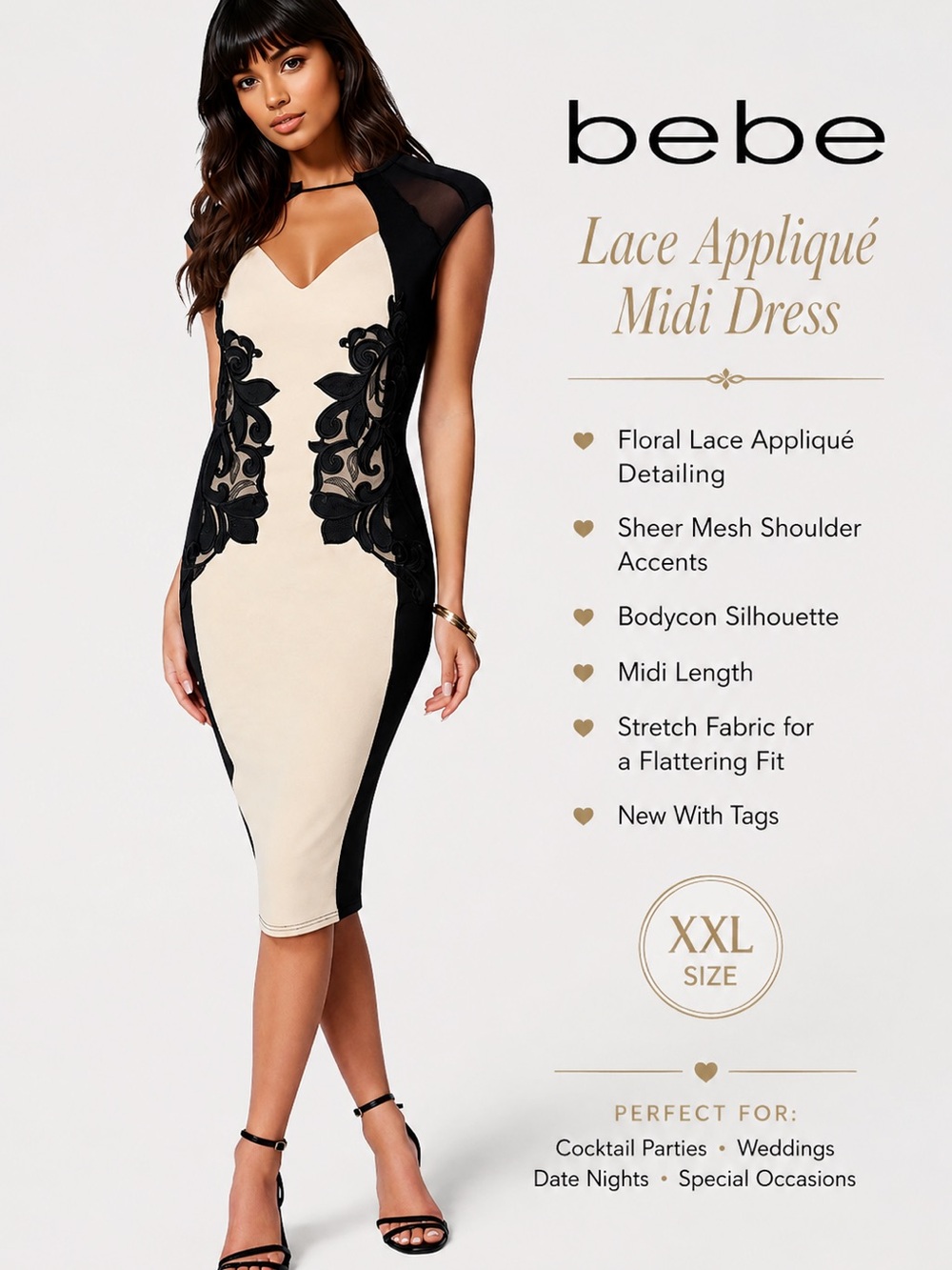 NWT Bebe Lace Appliqué Bodycon Midi Dress Nude Black XXL Cocktail Party